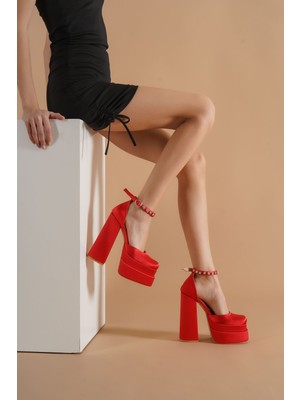 Moda Radikal Figos Kırmızı Saten Platform Kadın Ayakkabı
