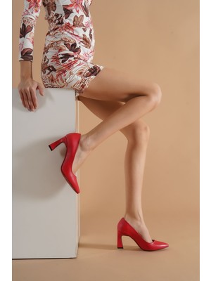 Moda Radikal Pearl Kırmızı Cilt Topuklu Kadın Ayakkabı