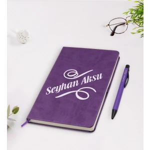Kişiye Özel Isimli Mor Termo Deri Defter Kalem Seti Model 5