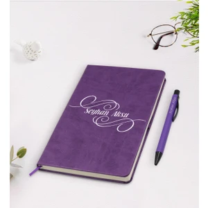 Kişiye Özel Isimli Mor Termo Deri Defter Kalem Seti Model 3