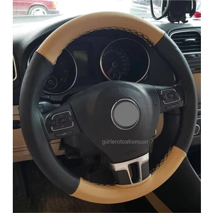 Gürler Oto Kılıf ve Aksesuar Vw Jetta 2013+ Direksiyon Kılıfı Dikmeli Iki Renkli Bej Siyah