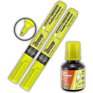 Fosforlu Kalem Sarı Doldurulabilir 2 Adet ve Mürekkebi 30ML 1 Adet