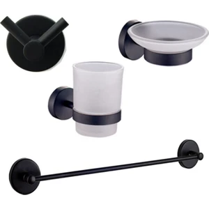 Siyah Banyo 4'lü Set Diş Fırçalık Sabunluk Askılık Uzun Havluluk