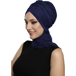 Fidan Bone Çapraz Pike Atkılı Astarlı Lacivert Hazır Türban Tesettür Bone