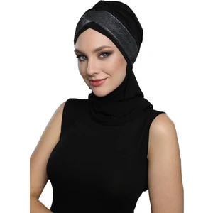 Fidan Bone Çapraz Pike Atkılı Astarlı Siyah-Gümüş Hazır Türban Tesettür Bone
