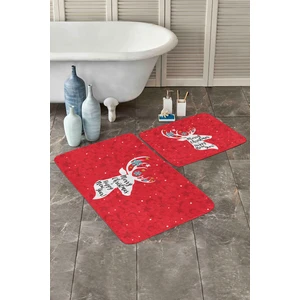 Kırmızı Zeminli Geyik Motifli Yılbaşı Temalı 2'li Kaymaz Tabanlı Banyo & Mutfak Paspas Takımı