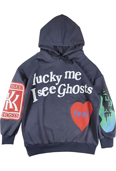 Black Horn Lucky Me I See Ghosts Kanye Baskılı Kapüşonlu Oversize Sweatshirt