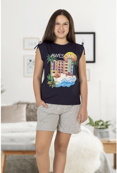 Özkan 43014 Kız Çocuk Garson Boy Pamuklu Örme Sıfır Kol Şortlu Pijama Takımı