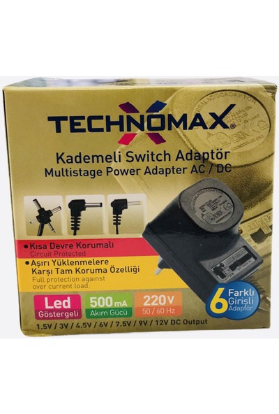 Technomax Kademeli Switch Adaptör 1,5V/3V/4,5V/6V/7,5V/9V/12V Dc Output 6 Farklı Girişli 500 Mah