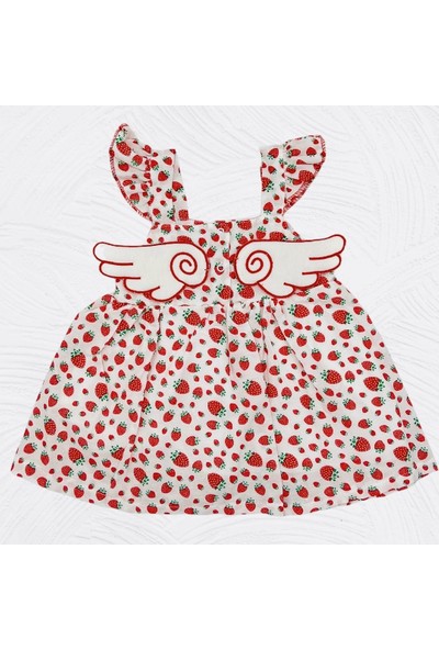 Efulim Arkası Kanatlı, Çilek Desenli, Içi Astarlı Kız Bebek Yazlık Elbise