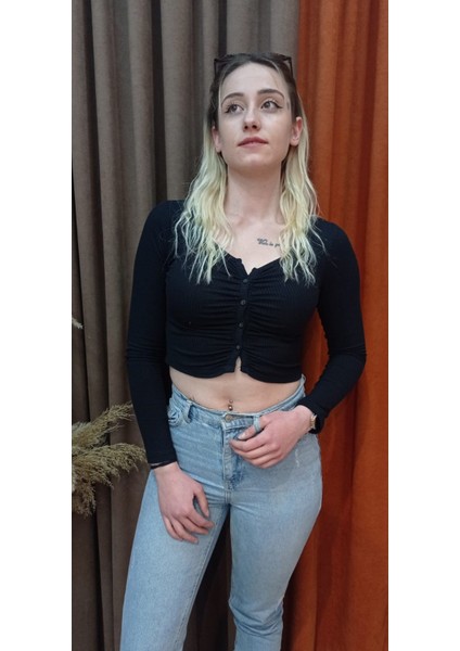 Boutique Bordo Kadın Düğmeli Kaşkorse Crop Bluz