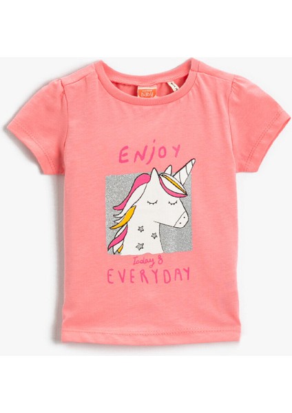 Kız Bebek Unicorn Baskılı Tişört Bisiklet Yaka Pamuklu