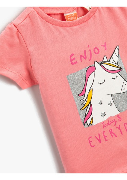 Kız Bebek Unicorn Baskılı Tişört Bisiklet Yaka Pamuklu