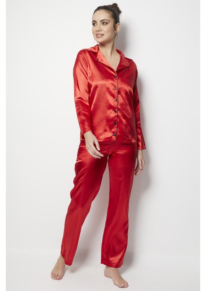 Miorre Kadın Uzun Kollu Önden Düğmeli Saten Pijama Takımı modelleri