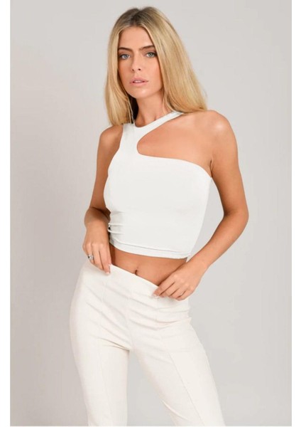 Kadın Asimetrik Yaka Kolsuz Crop Bluz modelleri