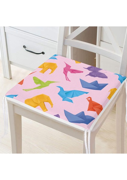 Pembe Zeminli Origami Sanatı Dijital Baskılı Modern Fermuarlı Sandalye Minderi