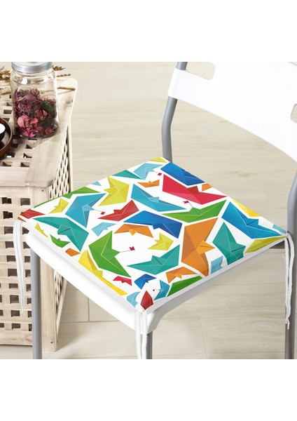 Beyaz Zeminde Origami Gemiler Dijital Baskılı Modern Fermuarlı Sandalye Minderi