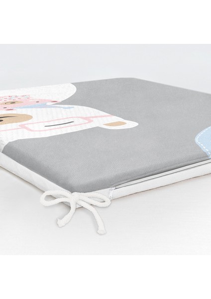 Gri Zeminde Anne ve Yavru Ayı Baby Shower Dijital Baskılı Çocuk Odası Fermuarlı Sandalye Minderi