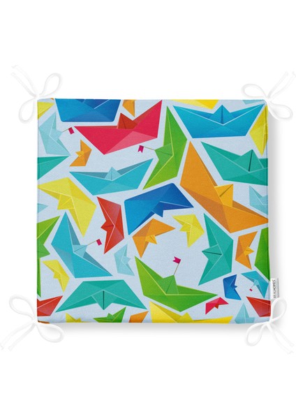 Mavi Zeminde Origami Gemiler Dijital Baskılı Modern Fermuarlı Sandalye Minderi fırsatları