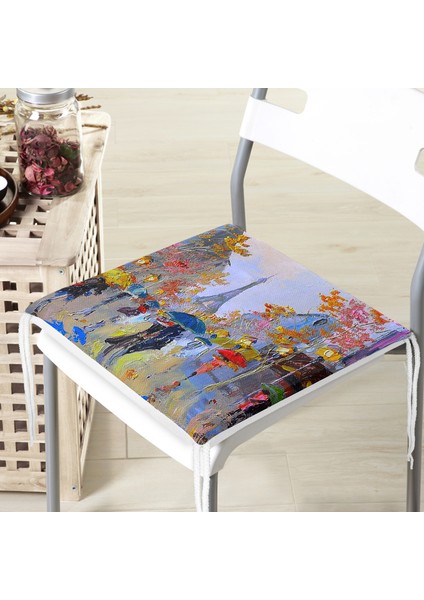 Paris'te Yağmur Yağlı Boya Desenli Dijital Baskılı Dekoratif Modern Fermuarlı Sandalye Minderi
