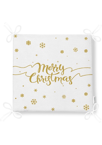 Beyaz Zeminde Gold Detaylı Kar Taneli Merry Christmas Yazılı Dijital Baskılı Modern Fermuarlı Sandalye Minderi fırsatları