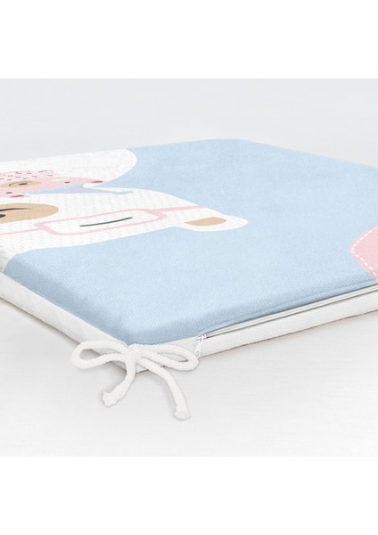 Mavi Zeminde Anne ve Yavru Ayı Baby Shower Dijital Baskılı Çocuk Odası Fermuarlı Sandalye Minderi