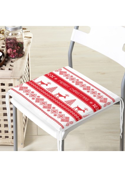 Merry Christmas Kanaviçe Görünümlü Geyikler Dijital Baskılı Fermuarlı Sandalye Minderi