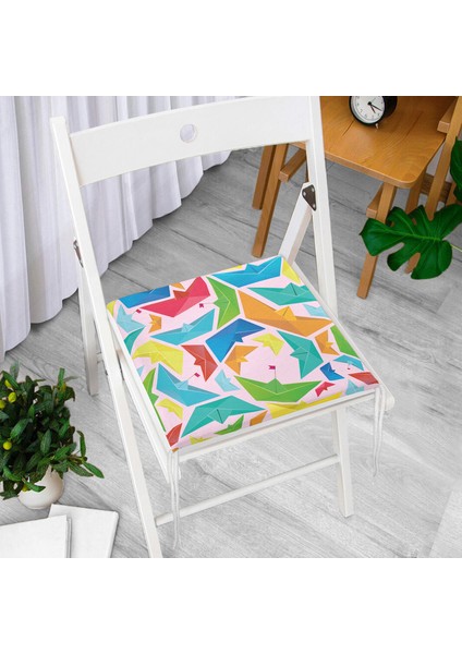 Pembe Zeminde Origami Gemiler Dijital Baskılı Modern Fermuarlı Sandalye Minderi