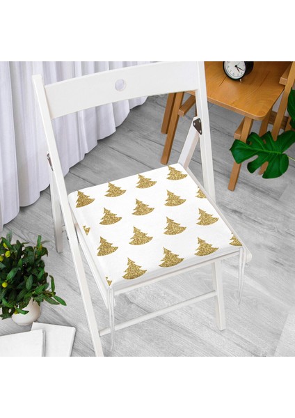 Beyaz Zeminde Gold Renkli Çam Ağacı Desenli Dijital Baskılı Modern Fermuarlı Sandalye Minderi modelleri