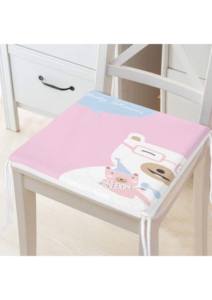 Pembe Zeminde Anne ve Yavru Ayı Baby Shower Dijital Baskılı Çocuk Odası Fermuarlı Sandalye Minderi
