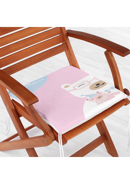 Pembe Zeminde Anne ve Yavru Ayı Baby Shower Dijital Baskılı Çocuk Odası Fermuarlı Sandalye Minderi fiyatları