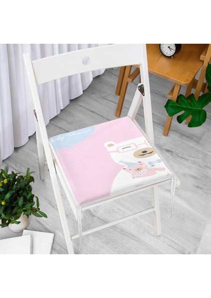 Pembe Zeminde Anne ve Yavru Ayı Baby Shower Dijital Baskılı Çocuk Odası Fermuarlı Sandalye Minderi modelleri