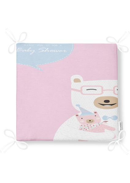 Pembe Zeminde Anne ve Yavru Ayı Baby Shower Dijital Baskılı Çocuk Odası Fermuarlı Sandalye Minderi fırsatları