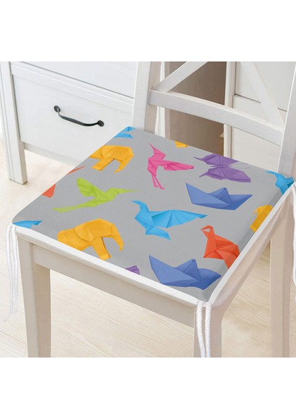 Gri Zeminli Origami Sanatı Dijital Baskılı Modern Fermuarlı Sandalye Minderi