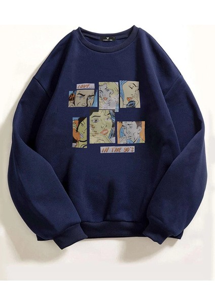 Kadın Lacivert Karikatür Baskılı Oversize Sweatshirt