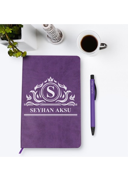 Kişiye Özel Isimli Mor Termo Deri Defter Kalem Seti Model 12