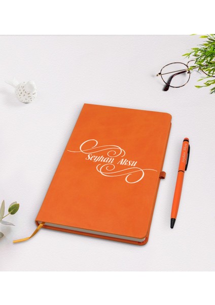 Kişiye Özel Isimli Turuncu Termo Deri Defter Kalem Seti Model 3