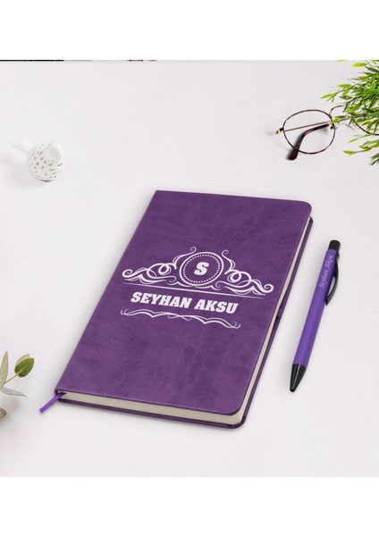Kişiye Özel Isimli Mor Termo Deri Defter Kalem Seti Model 33