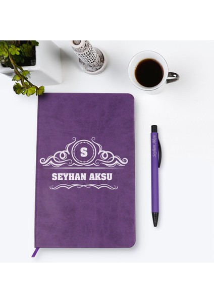 Kişiye Özel Isimli Mor Termo Deri Defter Kalem Seti Model 33