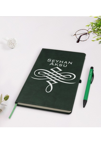 Kişiye Özel Isimli Yeşil Termo Deri Defter Kalem Seti Model 24