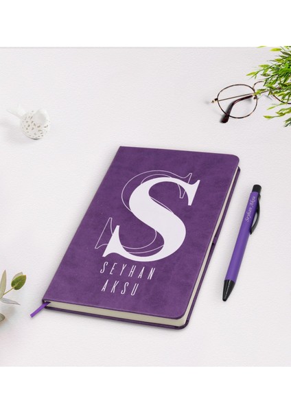 Kişiye Özel Isimli Mor Termo Deri Defter Kalem Seti Model 34