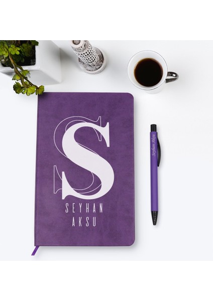Kişiye Özel Isimli Mor Termo Deri Defter Kalem Seti Model 34