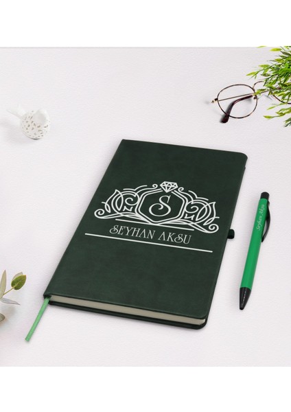 Kişiye Özel Isimli Yeşil Termo Deri Defter Kalem Seti Model 13