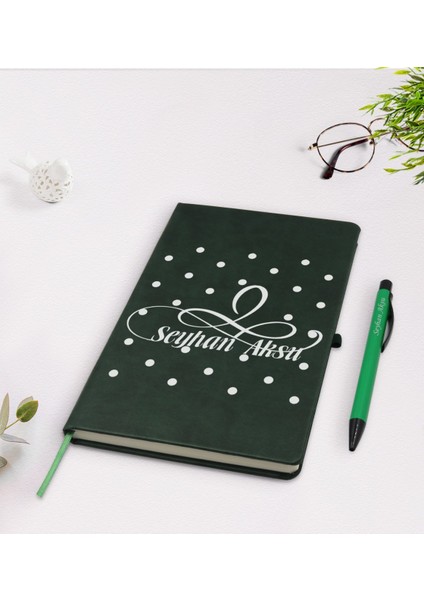 Kişiye Özel Isimli Yeşil Termo Deri Defter Kalem Seti Model 4