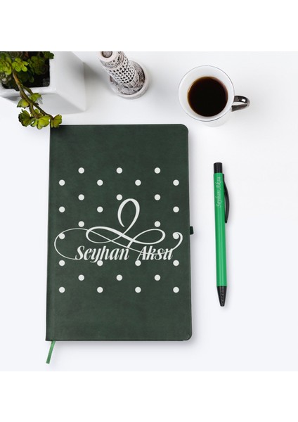 Kişiye Özel Isimli Yeşil Termo Deri Defter Kalem Seti Model 4