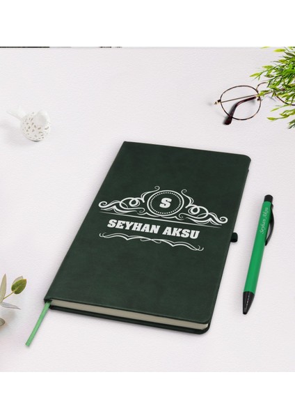 Kişiye Özel Isimli Yeşil Termo Deri Defter Kalem Seti Model 33