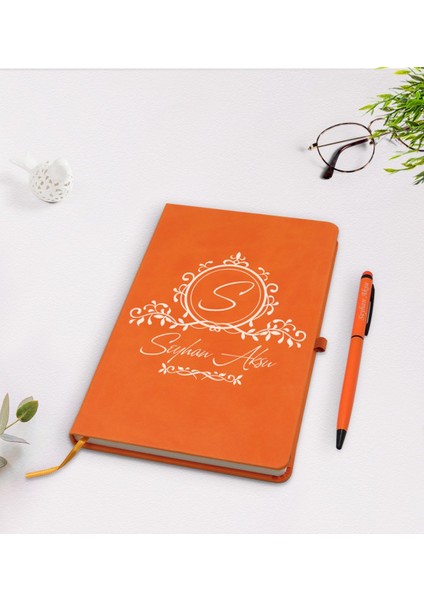 Kişiye Özel Isimli Turuncu Termo Deri Defter Kalem Seti Model 11
