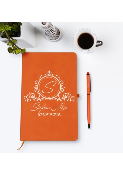 Kişiye Özel Isimli Turuncu Termo Deri Defter Kalem Seti Model 11