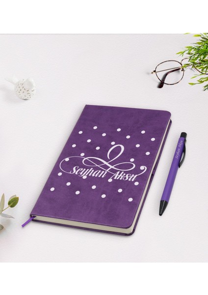 Kişiye Özel Isimli Mor Termo Deri Defter Kalem Seti Model 4
