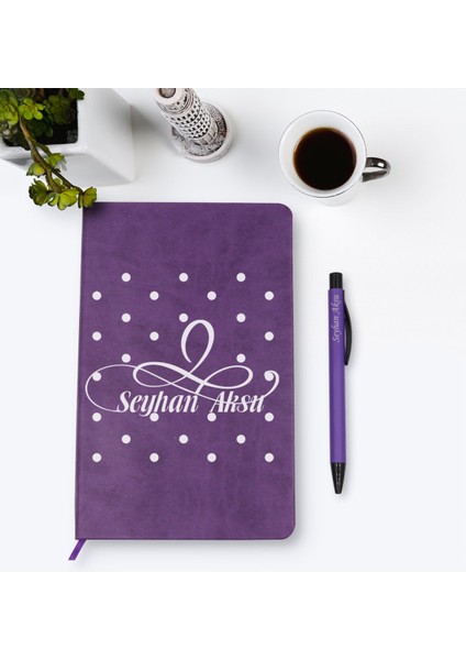 Kişiye Özel Isimli Mor Termo Deri Defter Kalem Seti Model 4
